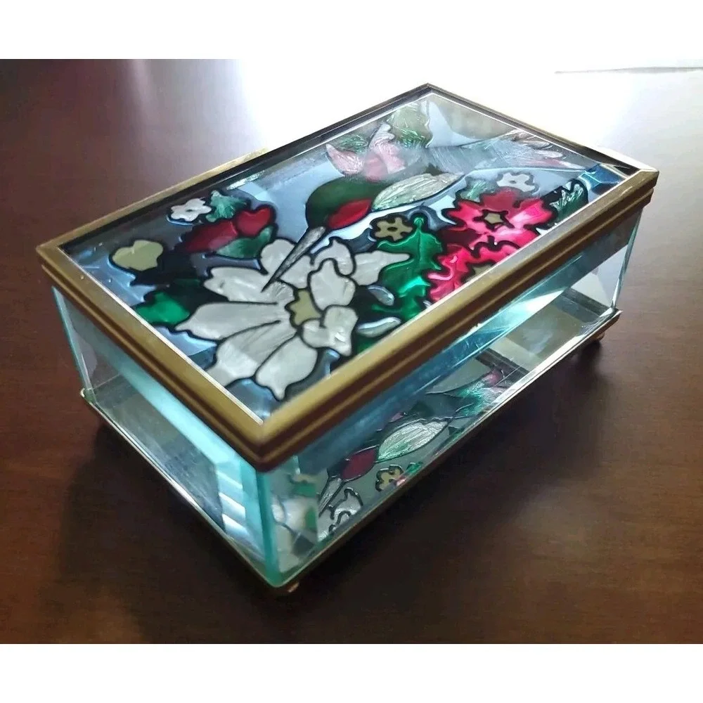 Hummingbird Stain Glass Trinket Box Mirror Bottom Jewelry 1994‎ Vintage *Read